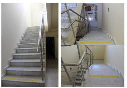 Для детей-инвалидов по зрению крайние ступени лестницы при входе и внутри школы покрашены в контрастные цвета. Лестницы оборудованы перилами.